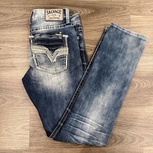 Salvage Jeans Mens 33L Blue Havoc Straight Slim Fit Distressed Low Rise Buckle